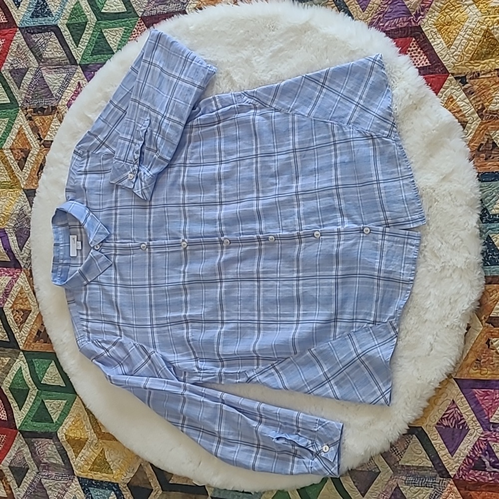 J. JILL Blue & White Plaid Lightweight 100% Cotton Summer Button Down Top